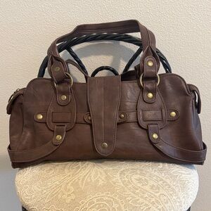 Elegant Brown Leather Satchel Handbag with Studded Details